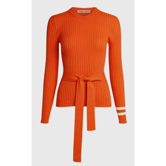 Maggie Marilyn Nearly There Belted Merino Wool Ribbed Sweater Orange Large Chic - Picture 3 of 16